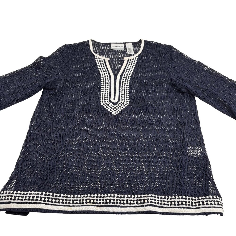 Alfred Dunner Petite Navy Crochet Tunic Top PM‎ 3/4 Sleeves Pullover